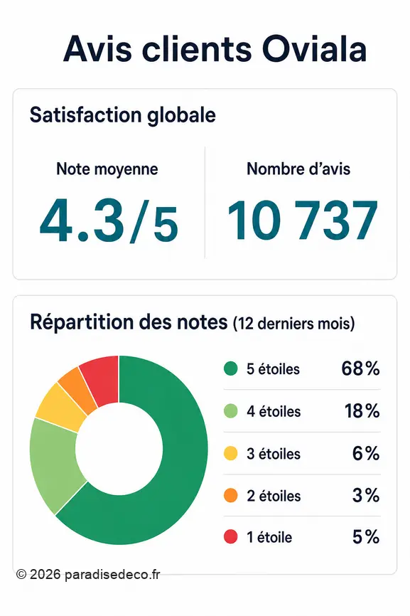 Répartition des notes et satisfaction moyenne pour Oviala, basée sur plus de 10 000 avis clients.