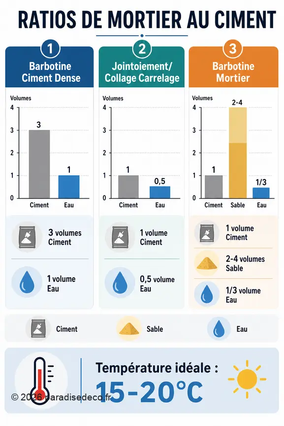 Comparaison visuelle des ratios de préparation de différentes barbotines de ciment et de la température d'application idéale.