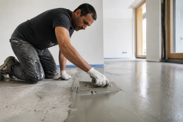 Un artisan spécialisé applique le béton ciré sur un sol, démontrant le savoir-faire professionnel et le coût associé à la pose.