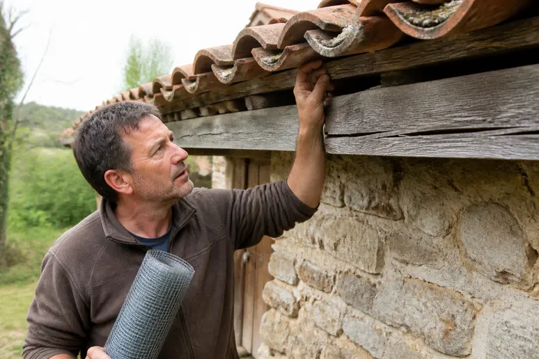 Un propriétaire français inspectant les avant-toits de sa maison, tenant du grillage fin.