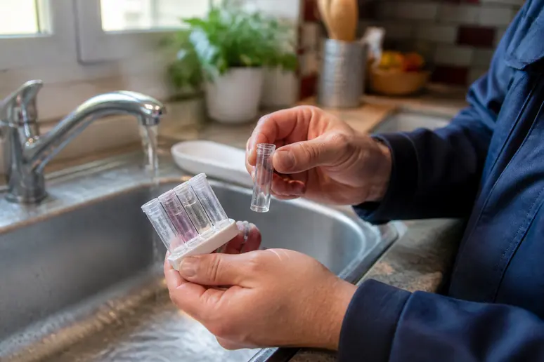 Des mains de plombier analysent la dureté de l'eau sous l'évier de cuisine.