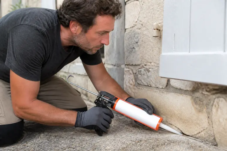 Un propriétaire français colmate minutieusement une fissure dans les fondations de sa maison pour prévenir l'intrusion d'insectes.
