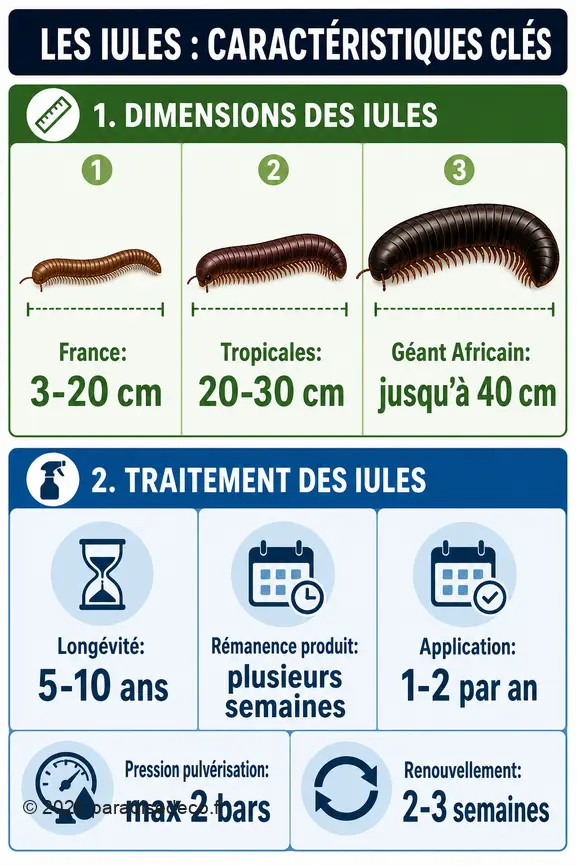 Infographie comparative sur la taille des iules, leur longévité et les détails du traitement. Visuels illustrant les dimensions et les étapes de traitement.