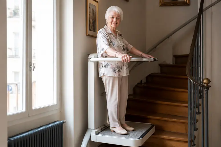 Une femme âgée utilise sereinement un monte-escalier debout sur un escalier en bois lumineux.