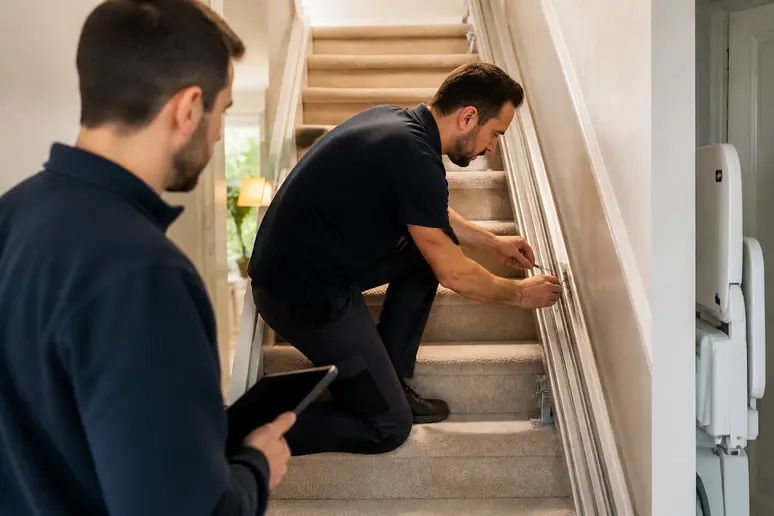 Techniciens professionnels installant avec soin un monte-escalier debout dans un intérieur familial.