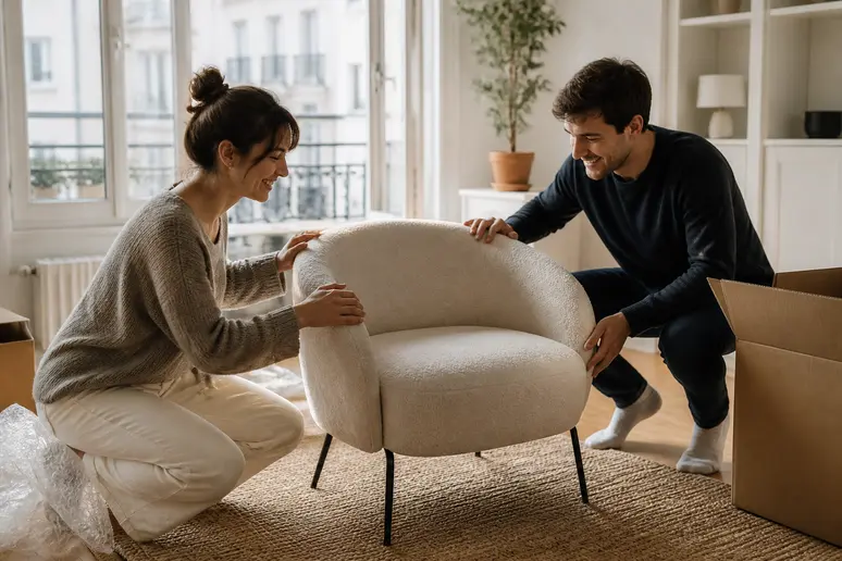 Couple lyonnais heureux déballant un fauteuil design Sklum dans leur salon lumineux.