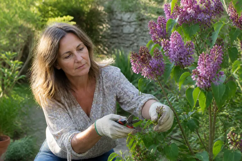 Jardinière expérimentée taillant un seringat en fleurs pour stimuler une prochaine floraison généreuse dans son jardin.