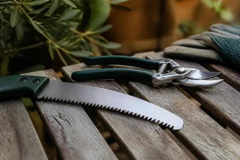 Sécateur et scie d'élagage de qualité professionnelle posés sur un banc en bois, prêts pour la taille du seringat.