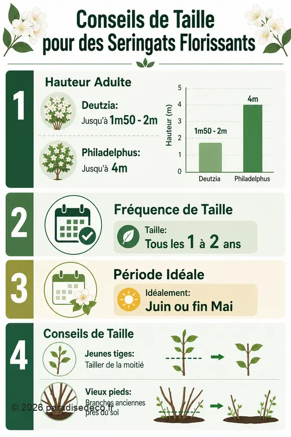 Infographie expliquant quand et comment tailler les seringats pour une floraison abondante, avec des chiffres sur leur taille.