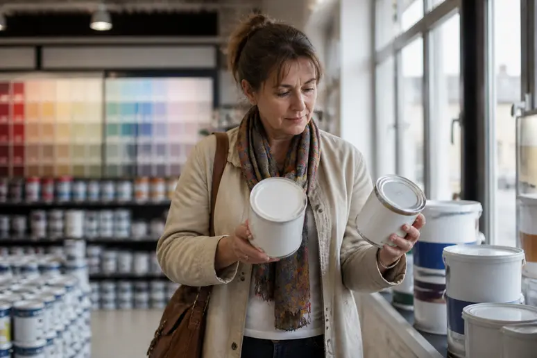 Avis-peinture-spectrum : femme française choisissant une peinture en magasin, réfléchie et économique.