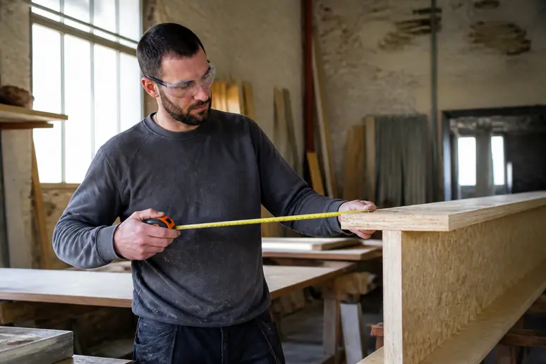 Charpentier vérifiant les dimensions d'une poutre en I pour un solivage en bois.