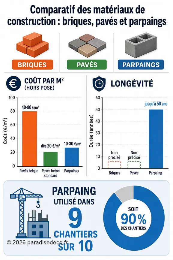 Infographie comparant le coût et la longévité des briques, pavés et parpaings pour la construction.