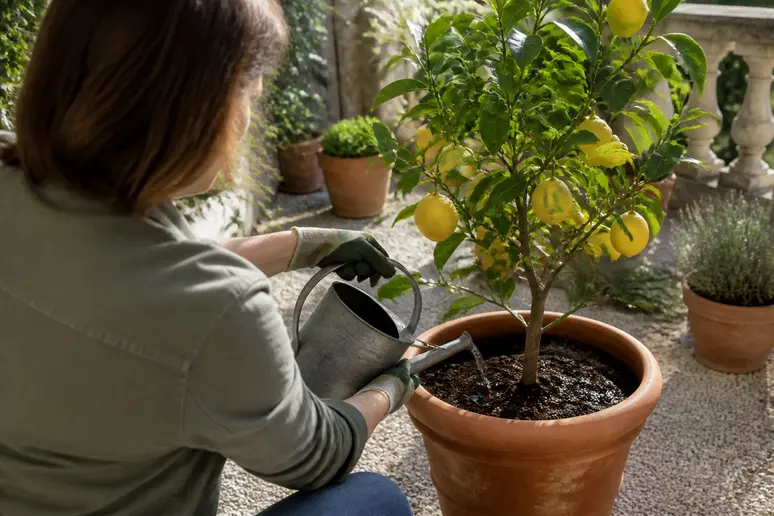 Personne ajoutant de l'engrais liquide au pied d'un citronnier en pot dans un jardin, pour corriger une carence nutritionnelle.