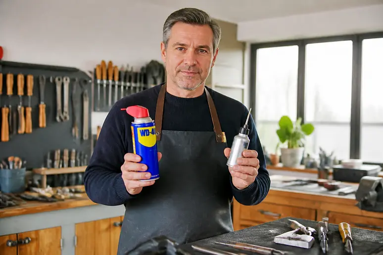 Main tenant un produit WD-40 et un lubrifiant pour serrure, face à un choix pour une cle-coince-dans-serrure.