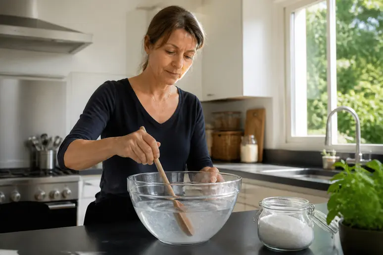 Une femme remue avec une cuillère en bois du gros sel dans de l'eau chaude dans une cuisine moderne.