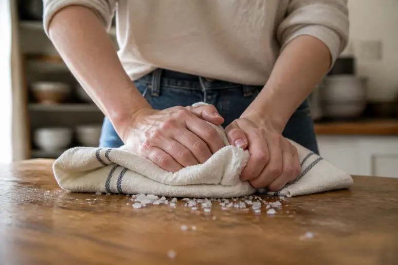 Des mains écrasent du gros sel dans un torchon épais, sur un plan de travail en bois.