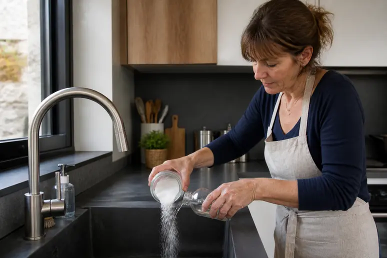 Une femme verse un mélange naturel de bicarbonate de soude et de vinaigre dans son évier de cuisine pour l'entretien écologique des canalisations.