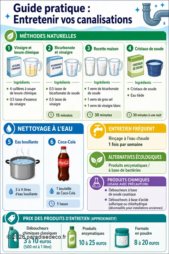 Infographie comparant différentes méthodes naturelles et chimiques pour entretenir et déboucher les canalisations à la maison.