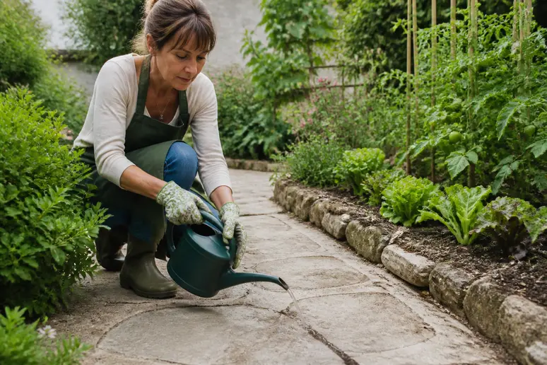 Comment se débarrasser des fourmis dans le jardin : femme utilisant du vinaigre blanc naturel.