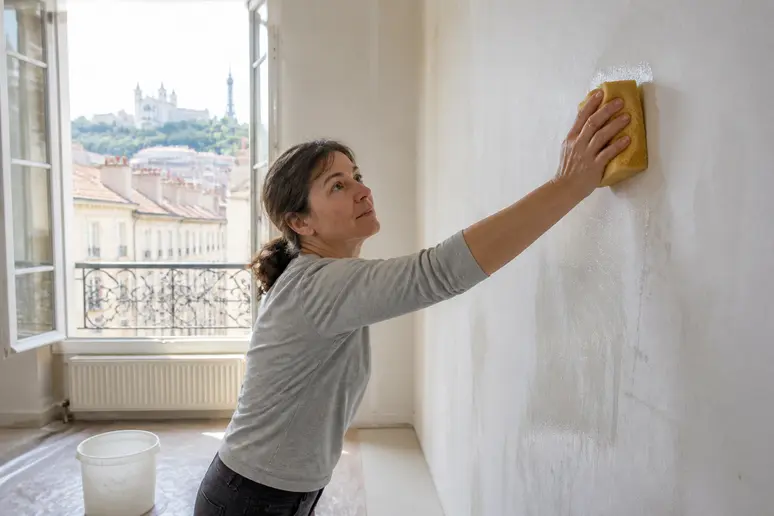 Préparation minutieuse d'un mur pour un decor avec papier peint panoramique par une Lyonnaise.