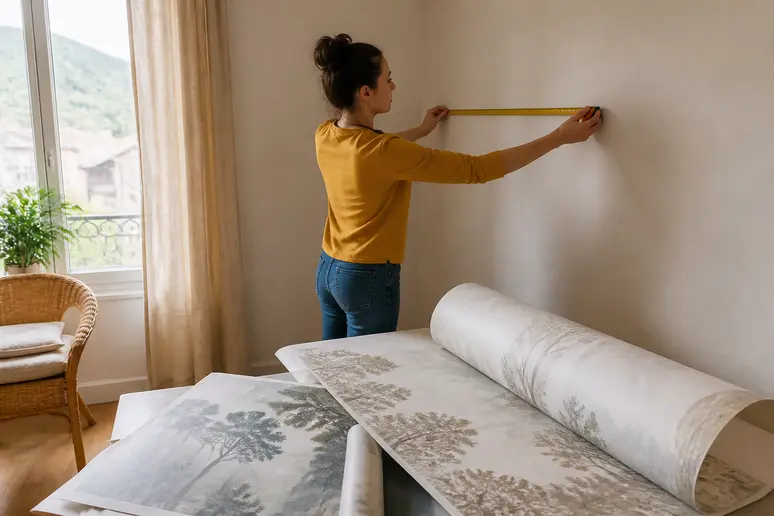 Choix d'un decor avec papier peint panoramique clair pour agrandir une petite pièce.