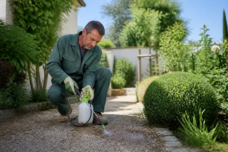 Application prudente d'un désherbant total naturel sur une allée de jardin en France.