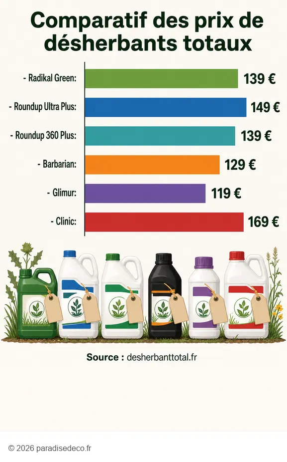 Comparatif des prix de désherbants totaux disponibles sur le marché.