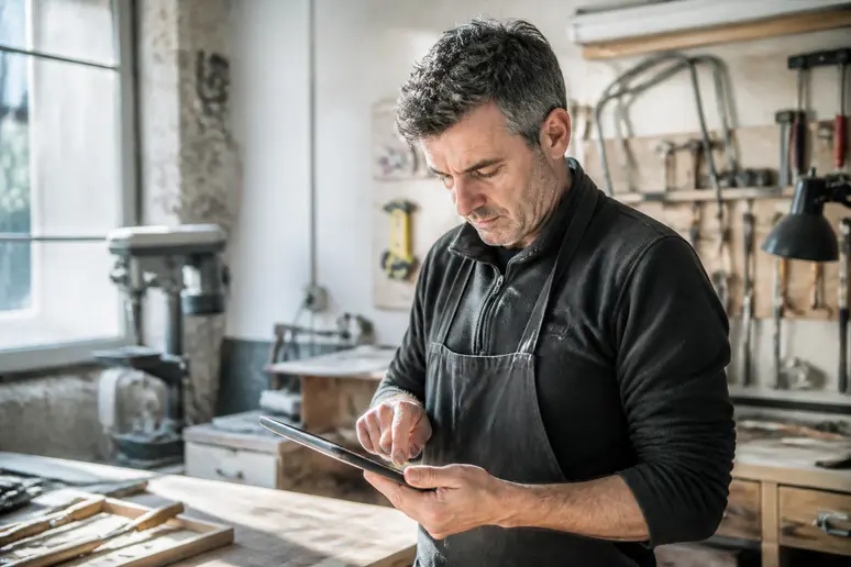 Artisan français consultant le catalogue eBATpro sur sa tablette dans son atelier de Lyon.