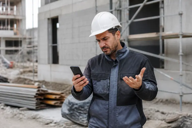 Artisan du BTP confronté à une connexion internet instable pour eBATpro sur un chantier en Auvergne.