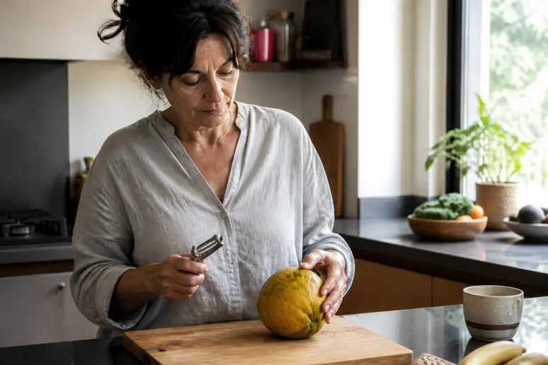 Une femme française prépare un fruit-en-u, l'ugli, dans sa cuisine lumineuse pour le déguster.