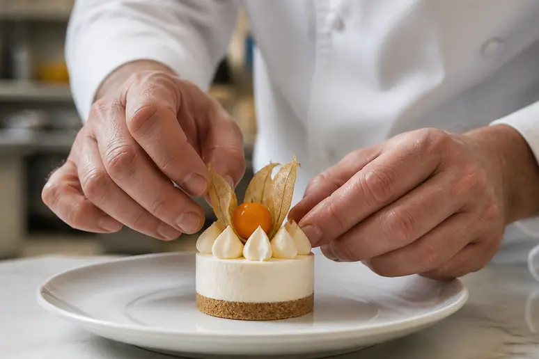 Un chef pâtissier lyonnais décore une tartelette avec un fruit-en-u, le physalis, pour une touche fruitée.