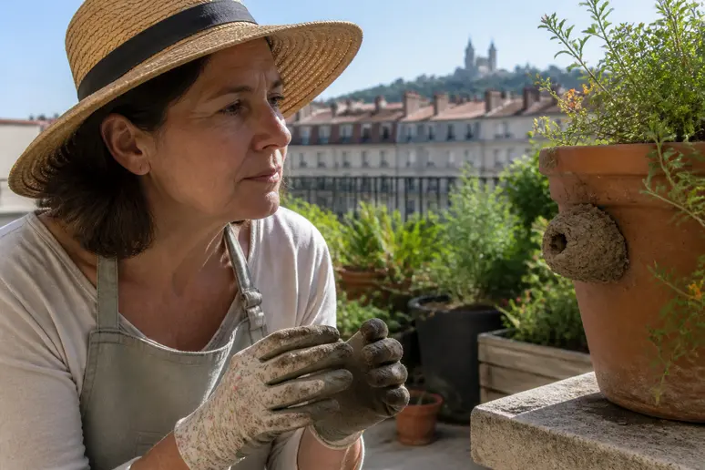Une jardinière lyonnaise observe discrètement un nid de guepe-noire sur un pot de fleurs.