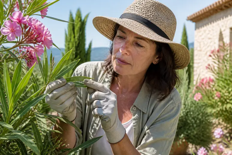 Une jardinière expérimentée inspecte attentivement les feuilles d'un laurier-rose, cherchant des signes de maladie dans un jardin ensoleillé.
