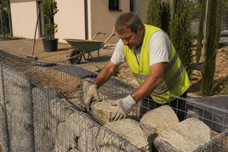 Un maçon français assemble des gabions avec soin sur un chantier, une étape clé pour déterminer le budget d'un mur de soutènement.