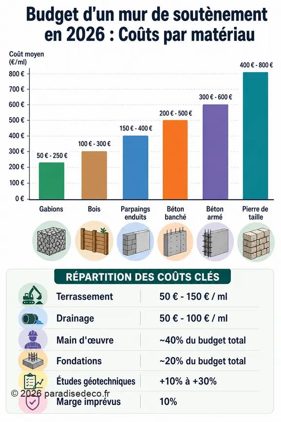 Comparaison des coûts moyens par mètre linéaire des différents matériaux de murs de soutènement en 2026.