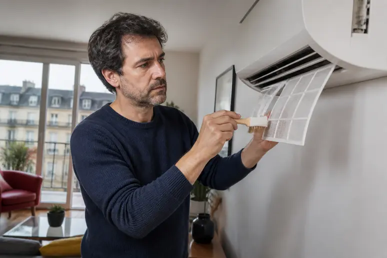 Un homme d'une quarantaine d'années nettoie méticuleusement le filtre d'un climatiseur dans son salon lyonnais.
