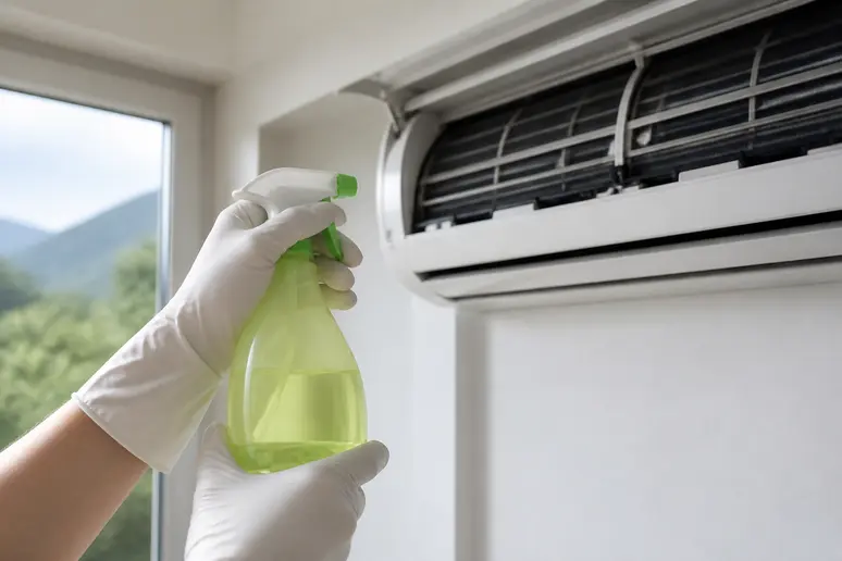 Des mains gantées pulvérisent un produit de nettoyage écologique sur les ailettes d'un climatiseur mural domestique.