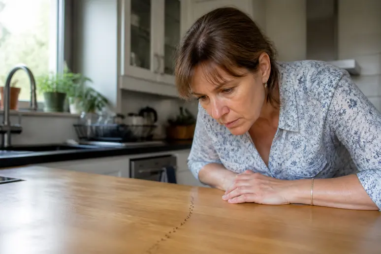 Une femme observe attentivement une piste de fourmis sur son plan de travail de cuisine pour trouver le nid-de-fourmis.