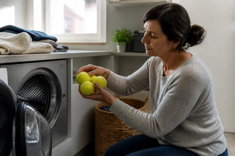 Une Lyonnaise examine des balles de tennis avant usage : par quoi remplacer balle de tennis dans sèche-linge.