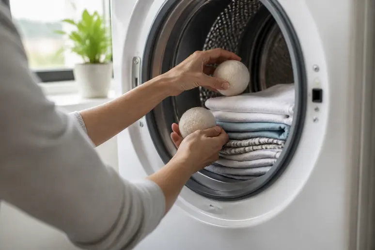 Mains plaçant des boules de laine dans un sèche-linge : par quoi remplacer balle de tennis dans sèche-linge.