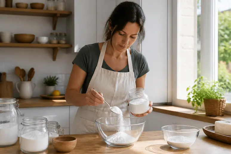 Préparation des ingrédients pour pastille-lave-vaisselle-maison dans une cuisine française.