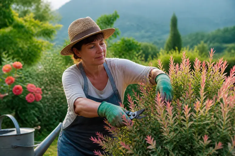 Une jardinière expérimentée taillant un saule crevette aux feuillages multicolores pour assurer sa belle croissance.