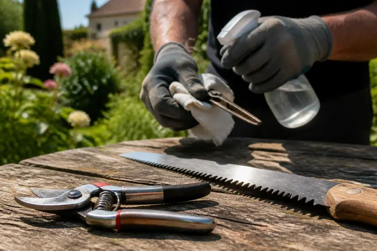 Sécateur et scie d'élagage désinfectés sur un banc de jardin, garantissant l'hygiène pour la taille des pommiers.