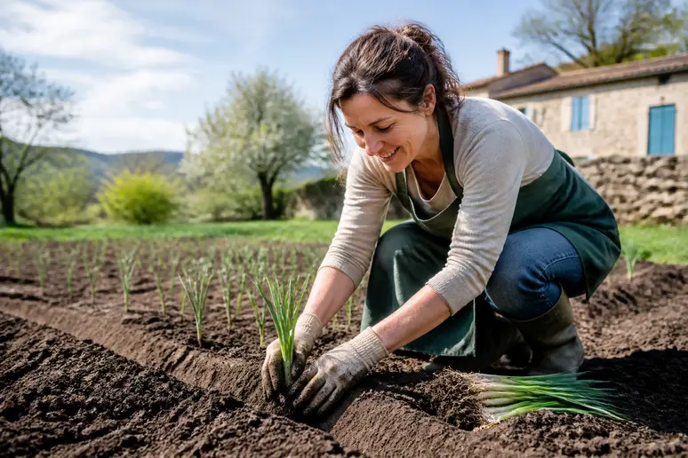 Une jardinière expérimentée repique des plants de poireaux dans un potager ensoleillé.