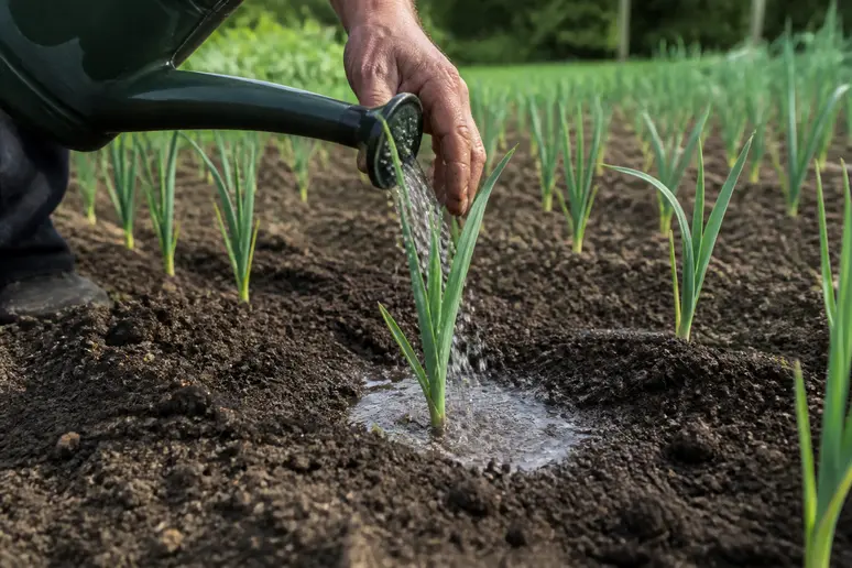 Arrosage méticuleux des jeunes plants après le repiquage de poireaux au potager.