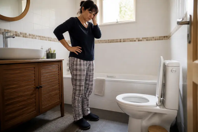Femme française soucieuse devant des toilettes bouchées, solution-miracle-pour-deboucher-les-wc.