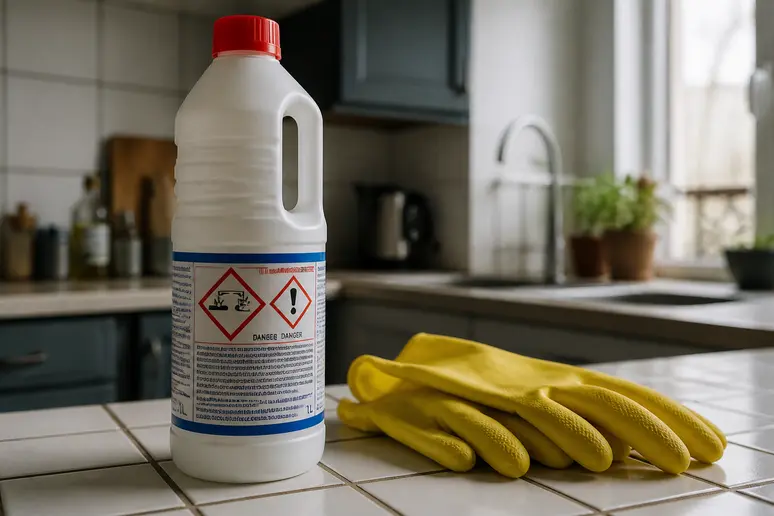 Bouteille de produit déboucheur chimique et gants, solution-miracle-pour-deboucher-les-wc.