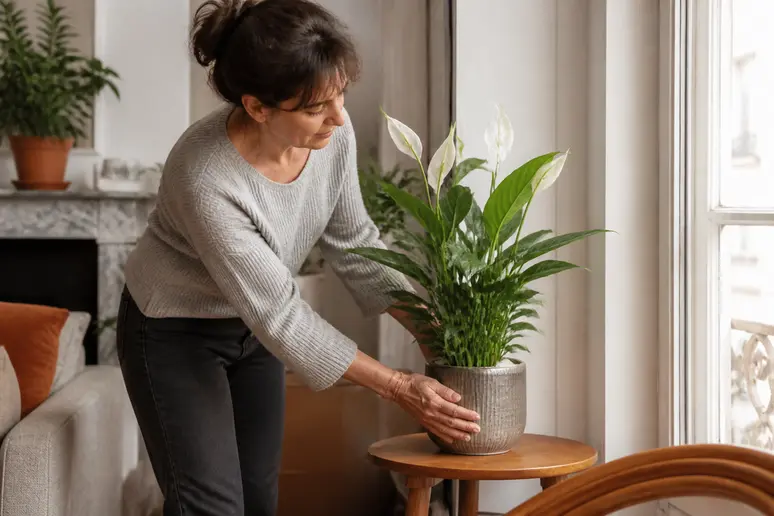 Femme arrangeant un spathiphyllum près d'une fenêtre, spathiphyllum-entretien