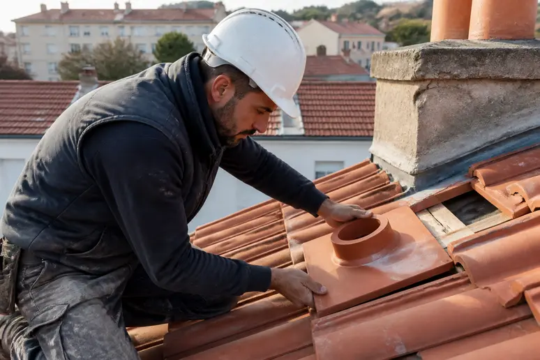 Un couvreur installe une tuile à douille sur un toit en tuiles, un élément essentiel pour la ventilation.