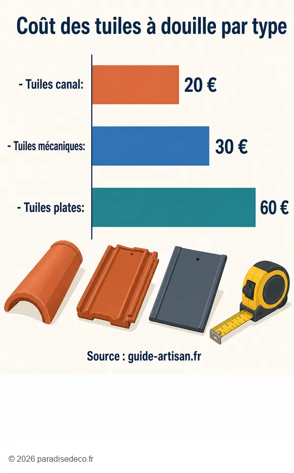 Comparatif des prix des tuiles à douille par type, avec une fourchette indicative pour chaque catégorie de matériaux.